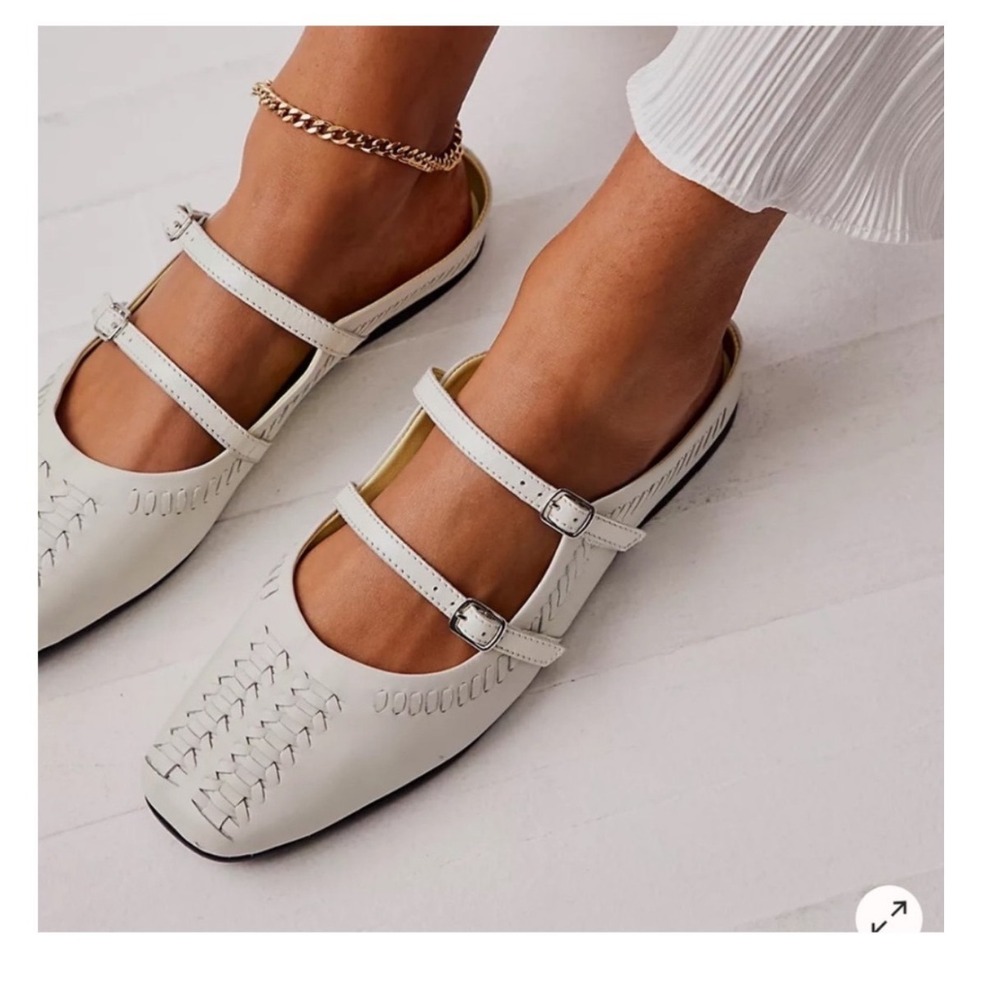 Free People Diana White Leather Woven Mary Jane Mules Square Toe Slide Sz 39 8.5